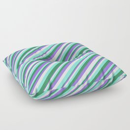 [ Thumbnail: Purple, Mint Cream, Aquamarine & Sea Green Colored Striped Pattern Floor Pillow ]