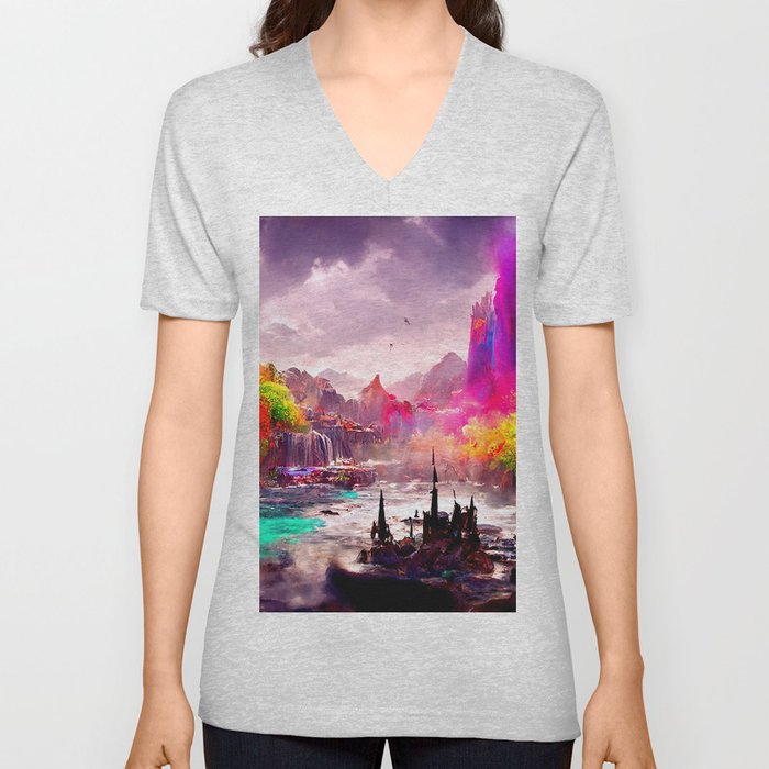 Medieval Town in a Fantasy Colorful World V Neck T Shirt