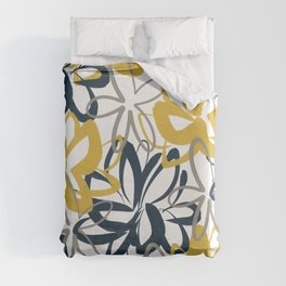 Lotus Garden Painted Floral Pattern in Light Mustard Yellow, Navy Blue, and Gray on White Duvet Cover