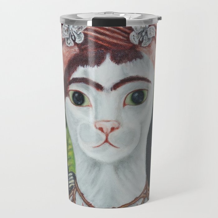 Frida the cat: Self-Portrait with Thorn Necklace and Hummingbird Travel Mug