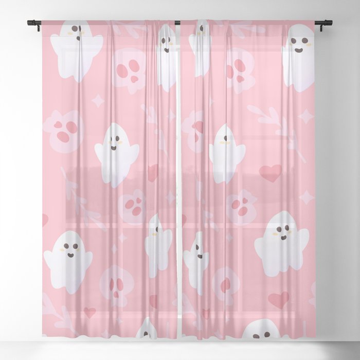 Ghost Cute Seamless Pattern in Pink Colours with Skulls, Hearts and Leaves Sheer Curtain
