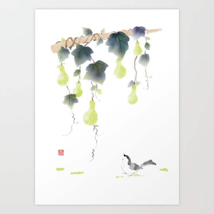 Summer Japanese Painting - Bird under gourd with green leaves and bamboo Art Print