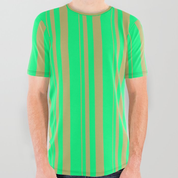 Dark Khaki and Green Colored Stripes/Lines Pattern All Over Graphic Tee