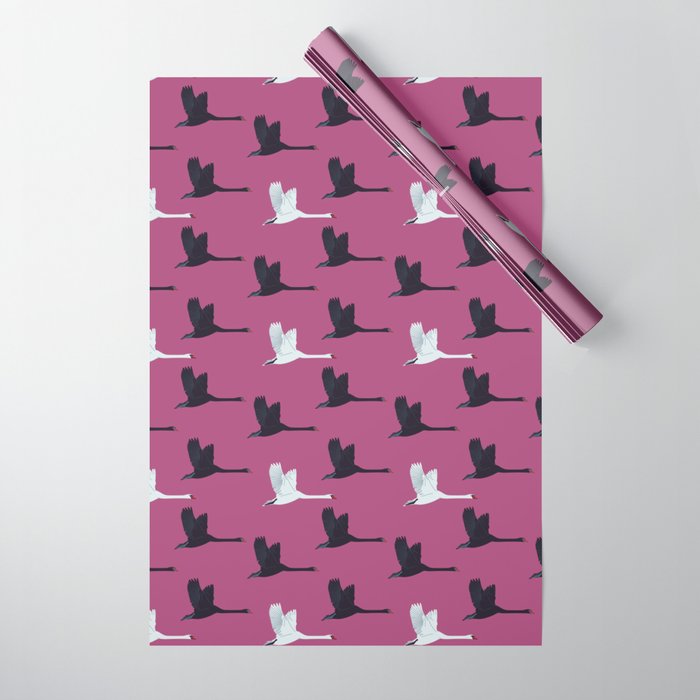 Flying Elegant Swan Pattern on Magenta Background Wrapping Paper