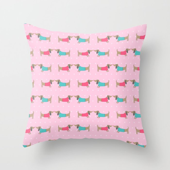 Cute dog lovers with dots in pink background Throw Pillow