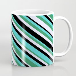[ Thumbnail: Turquoise, Sea Green, Lavender & Black Colored Stripes Pattern Coffee Mug ]