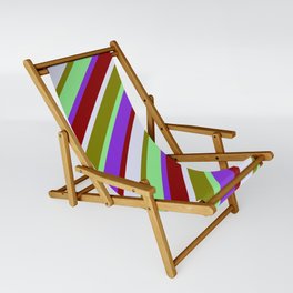 [ Thumbnail: Vibrant Light Green, Purple, Dark Red, Lavender, and Green Colored Lined/Striped Pattern Sling Chair ]