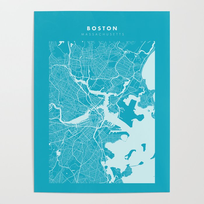 Boston Light Blue Map Poster