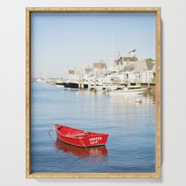 Vibrant Red Boat in Nantucket Harbor Serving Tray