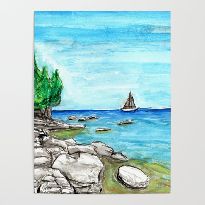 Watercolour lake scene Poster