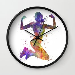Woman runner jogger jumping powerful Wall Clock | Colorfull, Graphicdesign, Athletes, Muscles, Jumping, Watercolor, Sport, Strength, Happy, Gym 