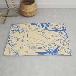 MYSTICAL FOREST BLUE Rug | Girl, Blue, Lines, Woman, Relaxed, Matisse, Flowers, Drawing, Picnic, Nature 