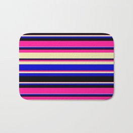 [ Thumbnail: Deep Pink, Pale Goldenrod, Blue, and Black Colored Striped/Lined Pattern Bath Mat ]