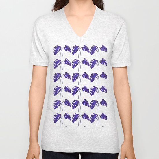Indigo Monstera Leaf Watercolor on Blush Unisex V-Neck