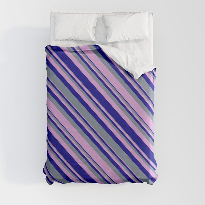 Light Slate Gray, Plum, and Dark Blue Colored Lines/Stripes Pattern Duvet Cover