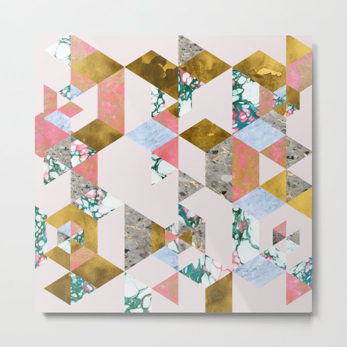 Geometry of Love Blush Marble Painting, Abstract Colorful Gold Pastel Shapes Collage Graphic Design Metal Print