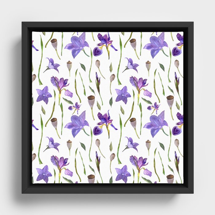 purple iris watercolor pattern Framed Canvas