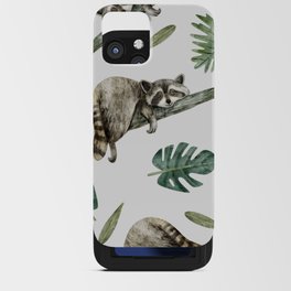 Watercolor pattern with cute raccoon and tropical leaves iPhone Card Case