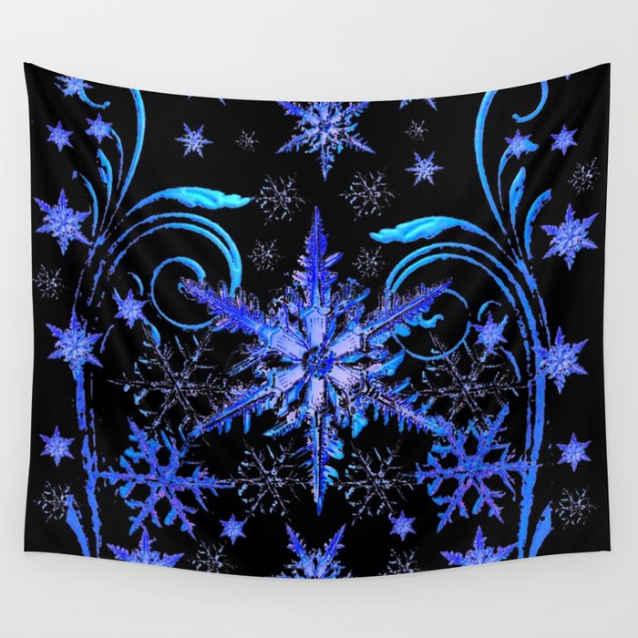 DECORATIVE BLACK & BLUE WINTER SNOWFLAKE FANTASY ART Wall Tapestry