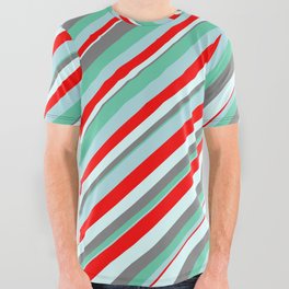 [ Thumbnail: Eyecatching Aquamarine, Powder Blue, Red, Light Cyan, and Gray Colored Lines Pattern All Over Graphic Tee ]