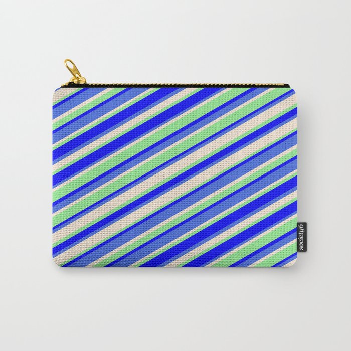 Light Green, Blue, Royal Blue & Beige Colored Striped/Lined Pattern Carry-All Pouch