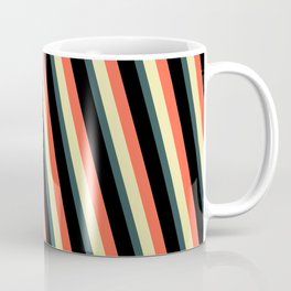 [ Thumbnail: Red, Pale Goldenrod, Dark Slate Gray, and Black Colored Lines Pattern Coffee Mug ]