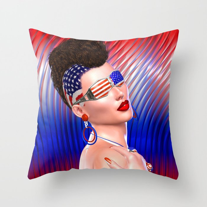 4th Of July Punk Girl With Mohawk Hairstyle And Stars And Stripes Glasses Throw Pillow By Tk0920