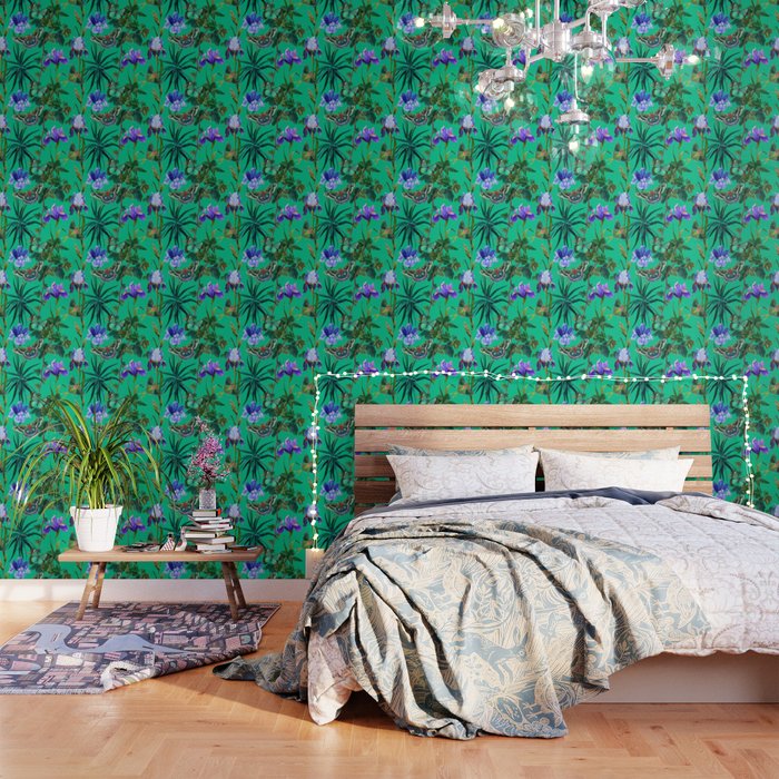 Emerald Garden with irises and butterflies Wallpaper
