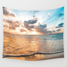 sunset sky over ocean - beach with sunset sky horizon Wall Tapestry