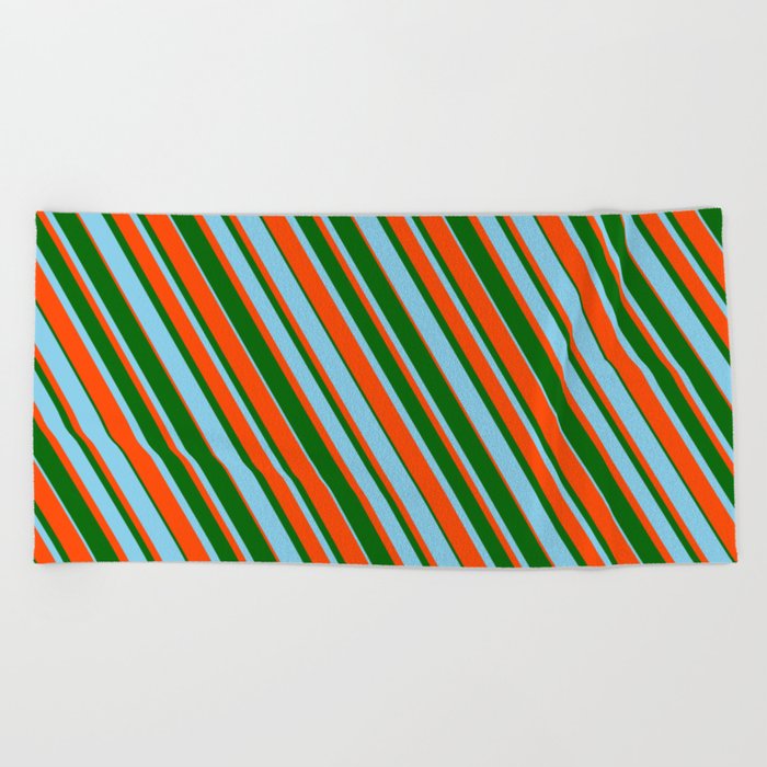 Dark Green, Sky Blue, and Red Colored Striped Pattern Beach Towel