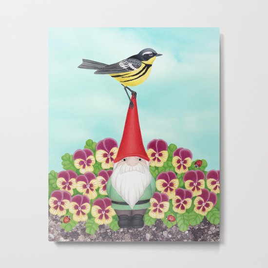 gnome with magnolia warbler and pansies Metal Print