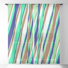[ Thumbnail: Eye-catching Light Green, Sienna, Mint Cream, Green, and Blue Colored Stripes/Lines Pattern Sheer Curtain ]