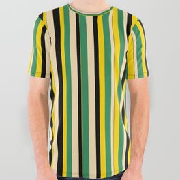 [ Thumbnail: Sea Green, Beige, Black & Yellow Colored Pattern of Stripes All Over Graphic Tee ]