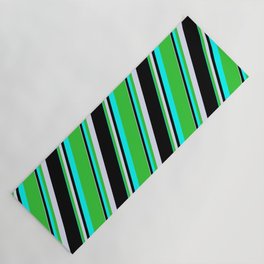 [ Thumbnail: Cyan, Lime Green, Lavender, and Black Colored Pattern of Stripes Yoga Mat ]