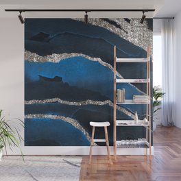 Watercolor Navy Blue And Silver Glitter Liquid Marble Abstract Pattern Wall Mural