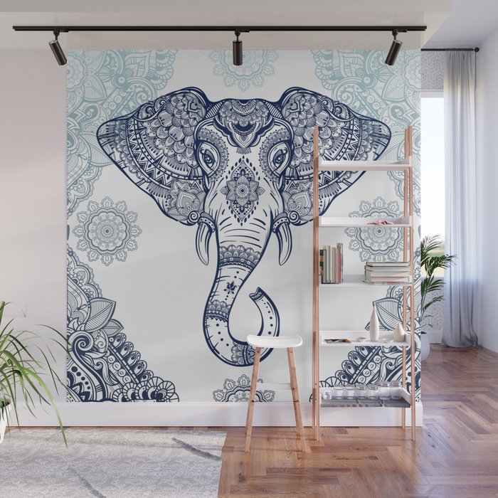 bohemian elephant tribal boho gradient blue wall mural by sharonmau