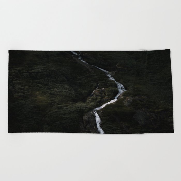 Dark Forest With Waterfall On The Side Of A Mountain In Norway Landscape Photography Beach Towel By Regnumsaturni