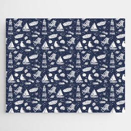 Navy Blue And White Summer Beach Elements Pattern Jigsaw Puzzle