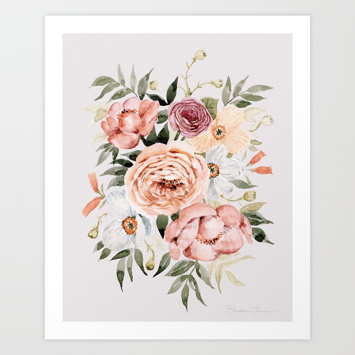 Muted Peonies and Poppies Art Print