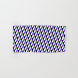 [ Thumbnail: Green, Powder Blue, Dark Orchid, White, and Dark Blue Colored Pattern of Stripes Hand & Bath Towel ]