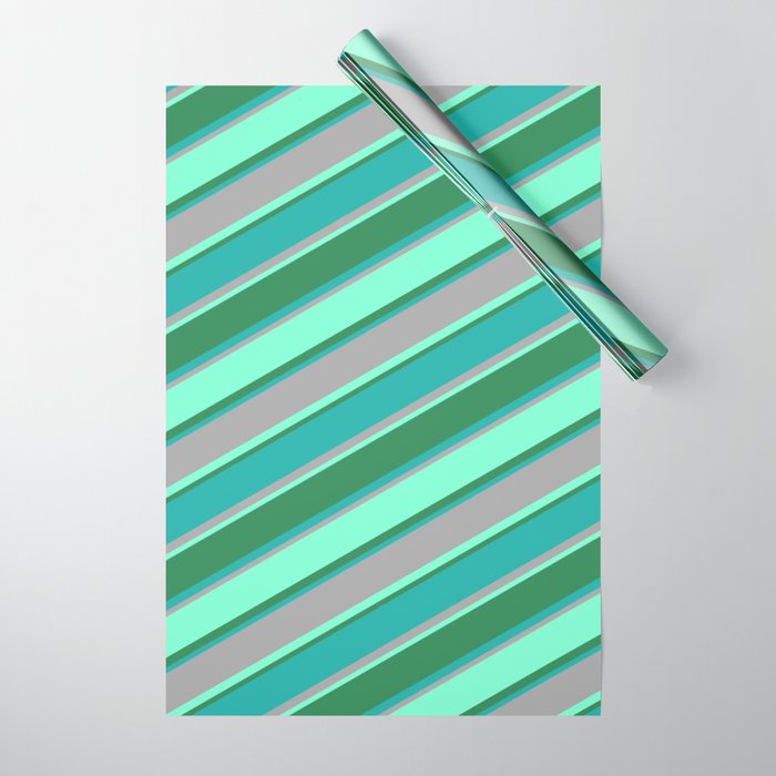 Light Sea Green, Dark Grey, Aquamarine, and Sea Green Colored Stripes Pattern Wrapping Paper