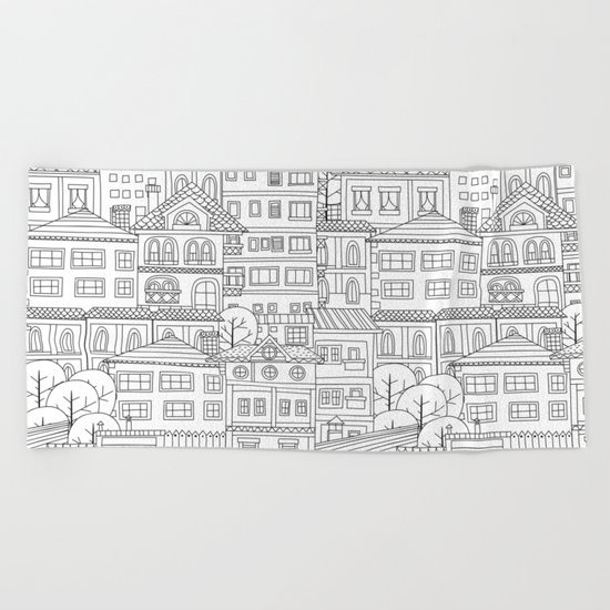 Doodle town pattern Beach Towel