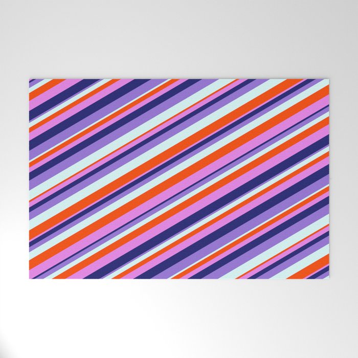 Colorful Red, Violet, Midnight Blue, Purple, and Light Cyan Colored Lined Pattern Welcome Mat
