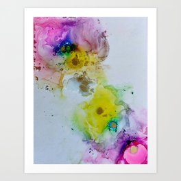 Abstract colourful pink splashes with gold circles Art Print