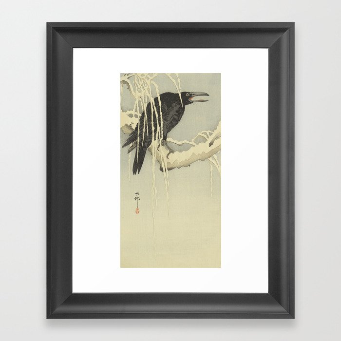 Crow On a Snowy Branch - Ohara Koson [Shoson] (1877-1945) - Japanese woodblock print Framed Art Print