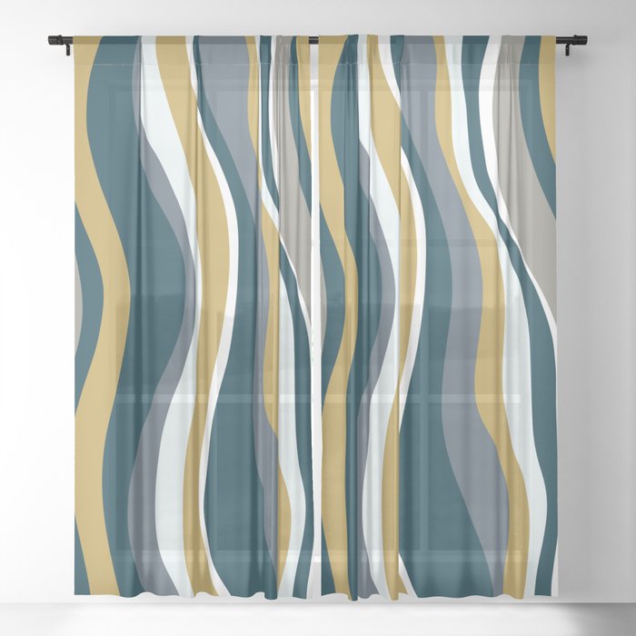 Retro Groovy Stripes in Navy, Mustard, Grey and White Sheer Curtain