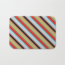 [ Thumbnail: Dark Khaki, Black, Light Blue & Red Colored Pattern of Stripes Bath Mat ]