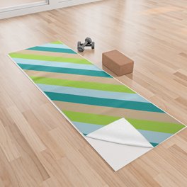 [ Thumbnail: Tan, Green, Light Blue, and Dark Cyan Colored Stripes Pattern Yoga Towel ]