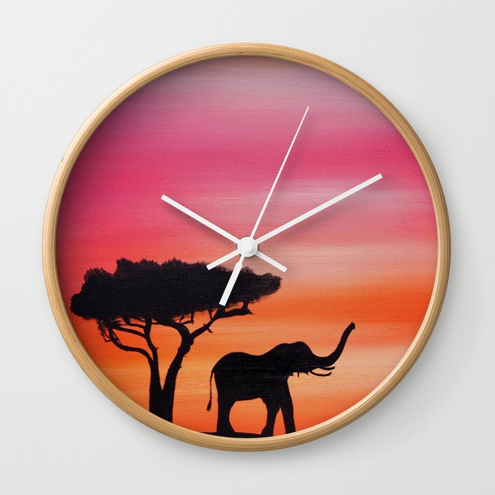 African Sunset Safari Elephant Silhouette Painting Wall Clock By