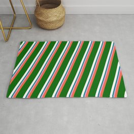 [ Thumbnail: Vibrant Red, Dark Green, White, Teal & Plum Colored Striped Pattern Rug ]